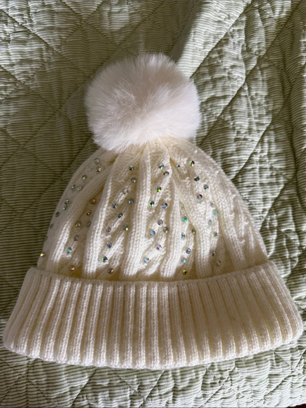 Kids Cream Knit Pom Pom Beanie Hat with Sparkle Accents